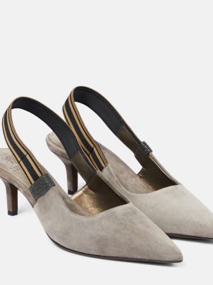 Pantofi cu toc din piele de căprioară slingback Brunello Cucinelli gri