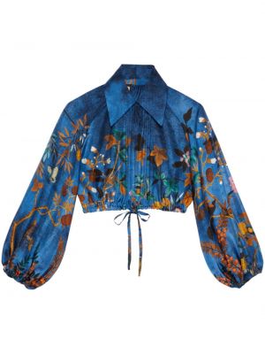 Jedwabna bluzka w kwiatki z nadrukiem Gucci niebieska