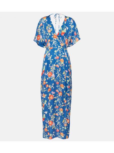 Žakárové květinové saténové midi šaty Rixo modré
