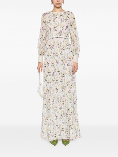 Květinové hedvábné dlouhé šaty s potiskem Max Mara bílé