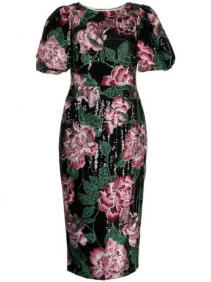 Midi haljina s vezom s cvjetnim printom Marchesa Notte crna