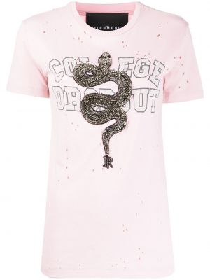 Camiseta con apliques de estampado de serpiente John Richmond rosa