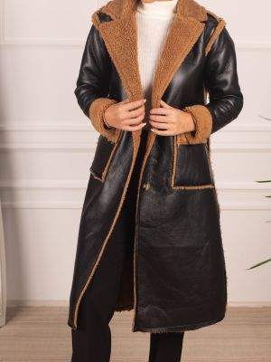 Kožený kabát s knoflíky s kapsami Armonika