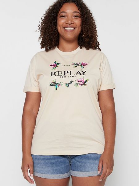 Koszulka z nadrukiem Replay beżowa