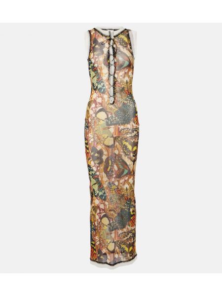 Krajkové dlouhé šaty s potiskem se síťovinou Jean Paul Gaultier žluté