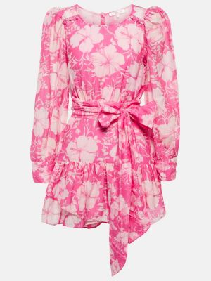Květinové hedvábné mini šaty s páskem Loveshackfancy - růžová