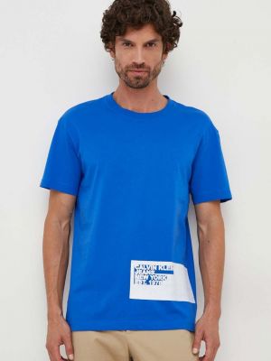 Памучна тениска с дълъг ръкав с принт Calvin Klein Jeans синьо