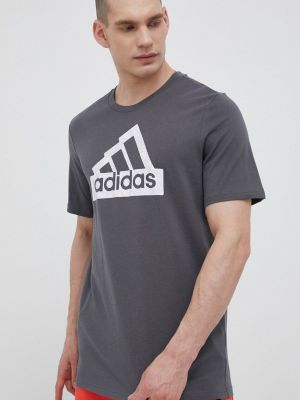 Памучна тениска с дълъг ръкав с принт Adidas сиво
