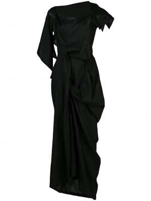 Lněné midi šaty s krátkými rukávy Yohji Yamamoto - černá
