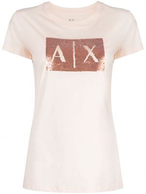 Bavlněné tričko s flitry Armani Exchange růžové
