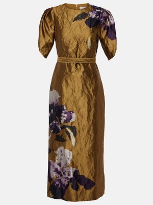 Satynowa sukienka midi w kwiatki Erdem złota
