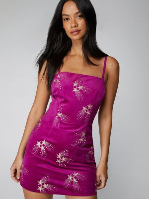 Бархатное платье мини с вышивкой Nasty Gal фиолетовое