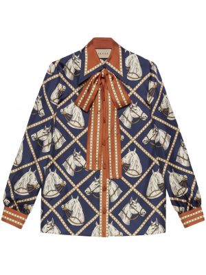 Копринена блуза с панделка с принт Gucci