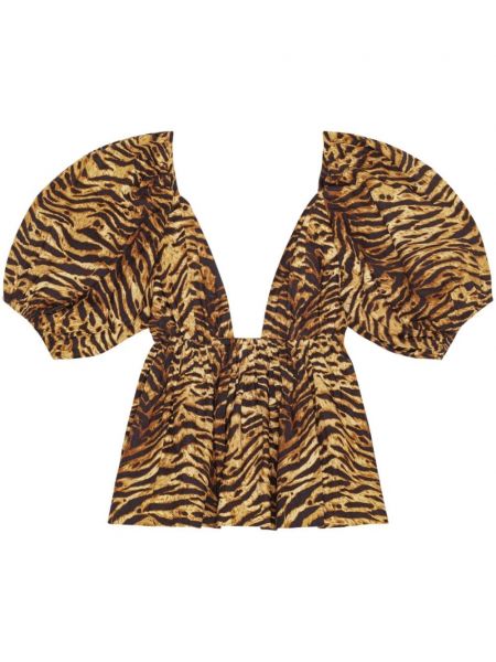 Bluzka bawełniana z nadrukiem w tygrysie prążki Ganni brązowa