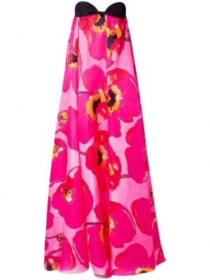 Копринена вечерна рокля на цветя с принт Carolina Herrera розово