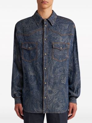 Raštuota džinsiniai marškiniai su paisley raštu Etro mėlyna