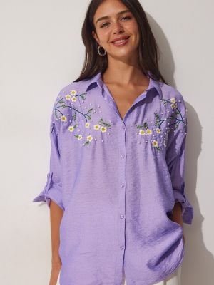 Oversized košeľa s perlami Happiness İstanbul fialová