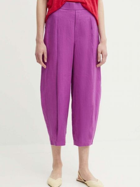 Lniane spodnie z wysoką talią United Colors Of Benetton fioletowe