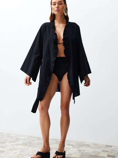 Bikini bawełniany z falbankami pleciony Trendyol czarny