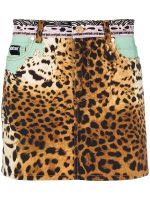 Pamučna mini suknja s printom s leopard uzorkom Just Cavalli smeđa