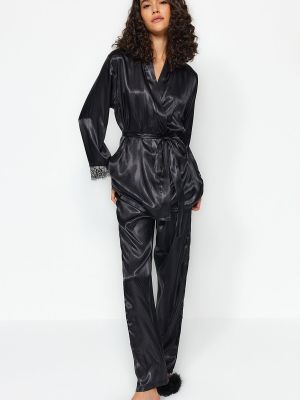 Fonott csipkés szatén pizsama Trendyol fekete
