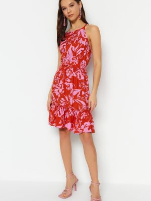 Pletena oprijeta mini obleka s tropskim vzorcem Trendyol rdeča