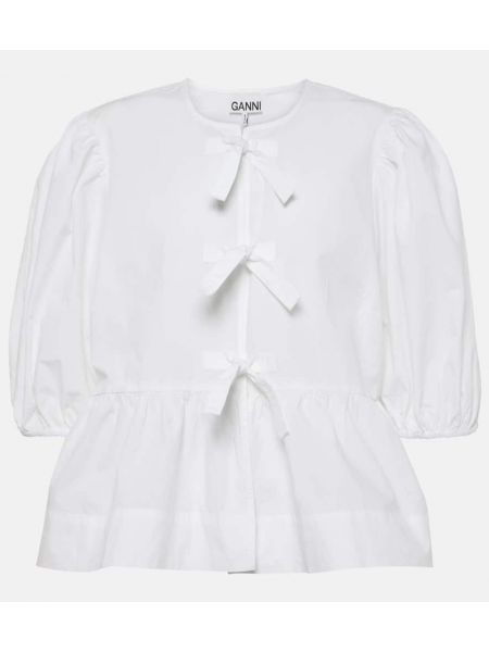 Βαμβακερή μπλούζα με φιόγκο Ganni λευκό