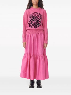 Bavlněné midi sukně s volány Ganni růžové