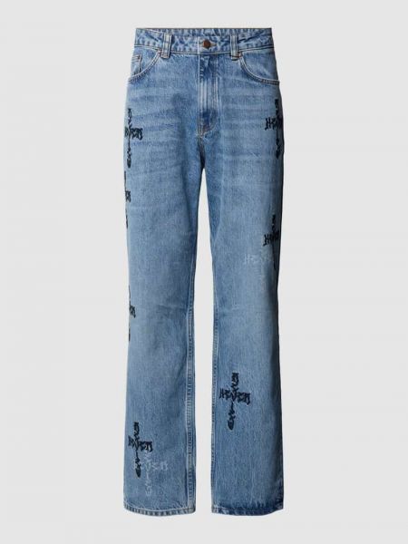 Niebieskie haftowane proste jeansy relaxed fit Review