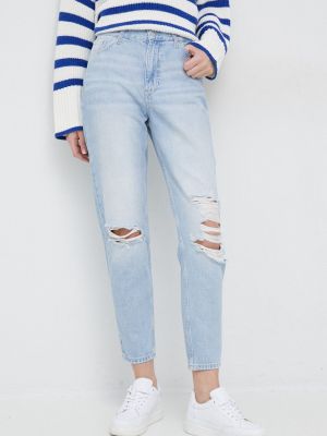 Luźne jeansy z wysoką talią z przetarciami bawełniane Calvin Klein Jeans - niebieski