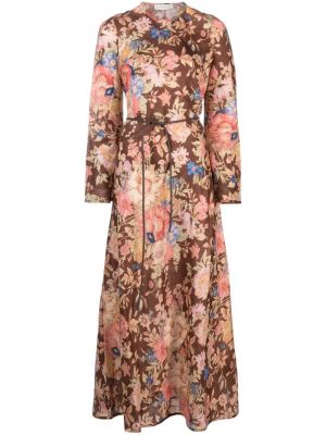 Lanena midi haljina s cvjetnim printom Zimmermann smeđa