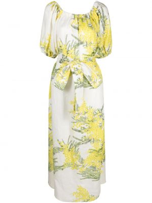 Lanena obleka s cvetličnim vzorcem s potiskom Bernadette bela