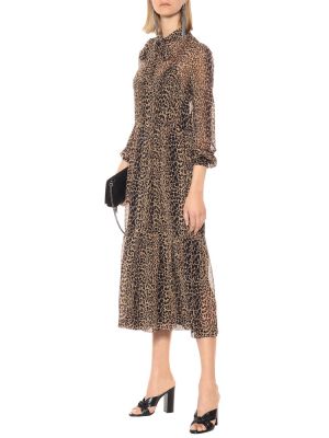 Rochie midi de mătase cu imagine cu model leopard Saint Laurent