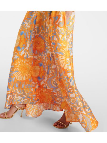 Svilena maksi haljina s cvjetnim printom La Doublej narančasta