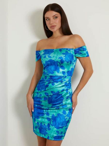 Sukienka mini dopasowana z nadrukiem Guess niebieska