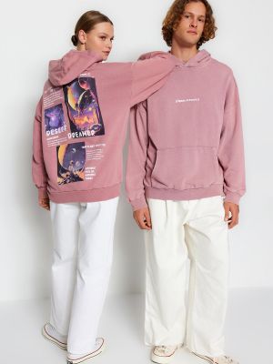 Raštuotas medvilninis džemperis su gobtuvu oversize Trendyol rožinė