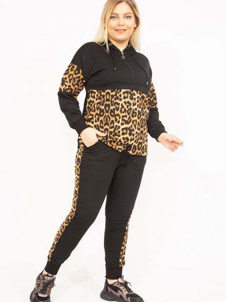Ukrojena obleka s kapuco z leopardjim vzorcem şans črna