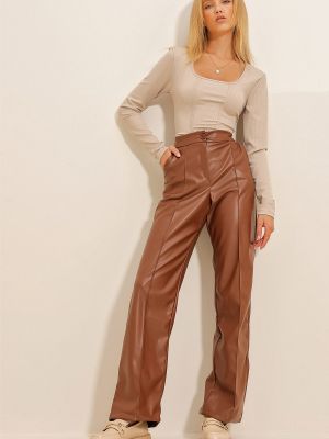 Spodnie skórzane ze skóry ekologicznej Trend Alaçatı Stili brązowe