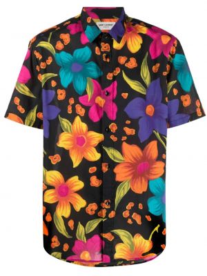 Bombažna srajca s cvetličnim vzorcem s potiskom Saint Laurent črna