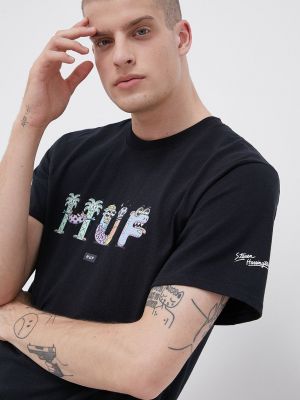 Памучна тениска с дълъг ръкав с принт Huf черно
