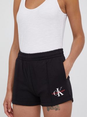 Calvin Klein Jeans pamut rövidnadrág női, fekete, sima, magas derekú