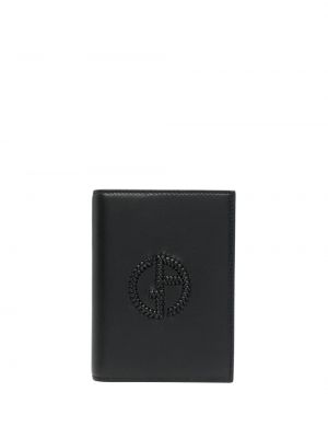 Usnjena denarnica z vezenjem Giorgio Armani črna