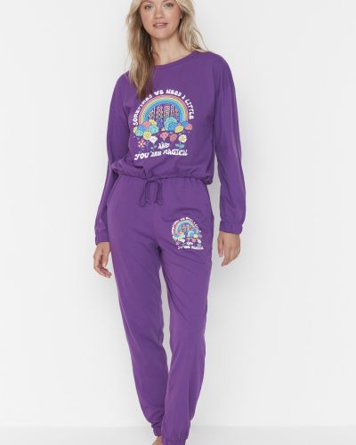 Pletena pižama s potiskom Trendyol vijolična