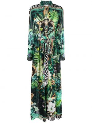 Květinové hedvábné dlouhé šaty s potiskem Camilla zelené