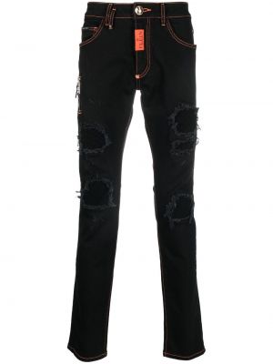 Blugi skinny rupți slim fit Philipp Plein negru