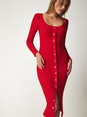 Πλεκτή φόρεμα με κουμπιά Happiness İstanbul κόκκινο