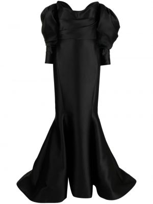Vzplanul saténové večerní šaty s dlouhými rukávy Marchesa - černá