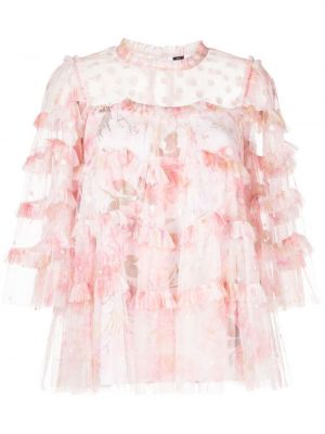 Блуза бродирана с волани от тюл Needle & Thread розово