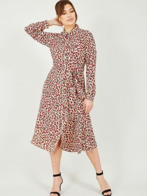 Леопардовое платье-рубашка с принтом с длинным рукавом Yumi красное