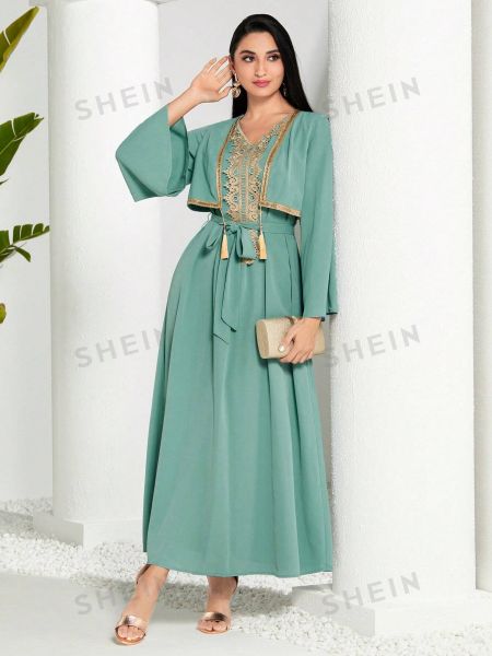 SHEIN Modely женское арабское платье в стиле пэчворк из тканой ленты с бахромой и длинными рукавами синий